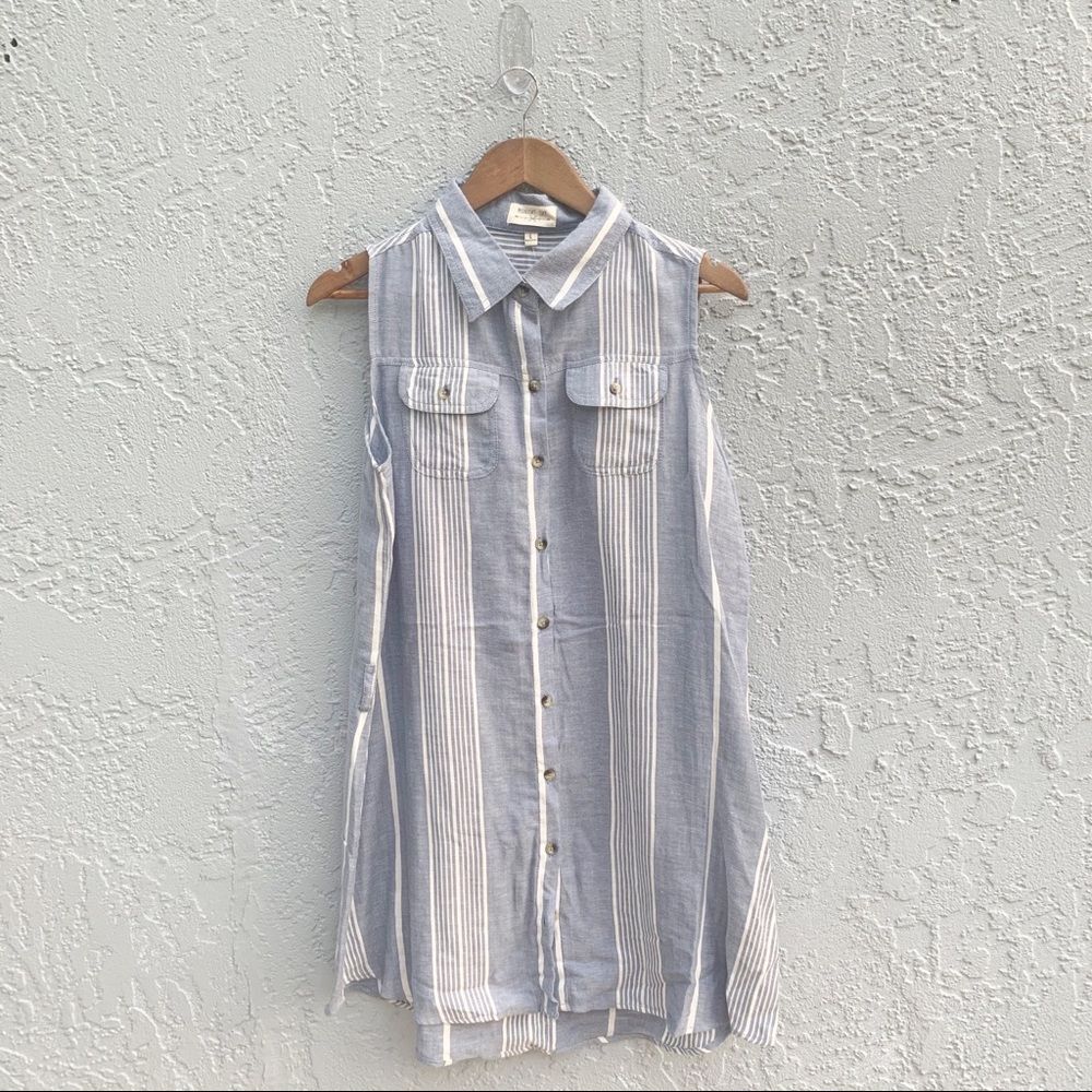 Midnight Sky 100% Cotton Button Down Blue White Stripe Summer Coastal Dress Sz L